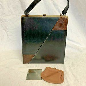 Black Leather Square Purse Handbag Reptile & Brown Hinged Clasp Wallet Vintage